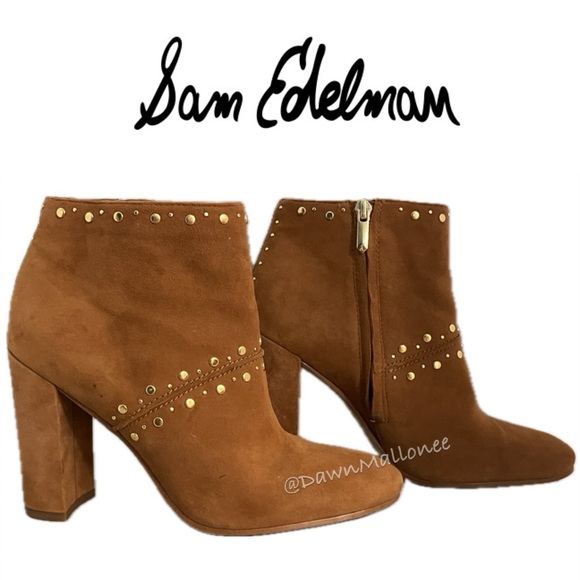 Sam Edelman Chandler Brown Suede Gold Studded High-Heel Ankle Boot 8 - Picture 1 of 14
